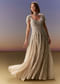 Grey Gown With Draped Cap Sleeves And Flowing Embroidered Flare