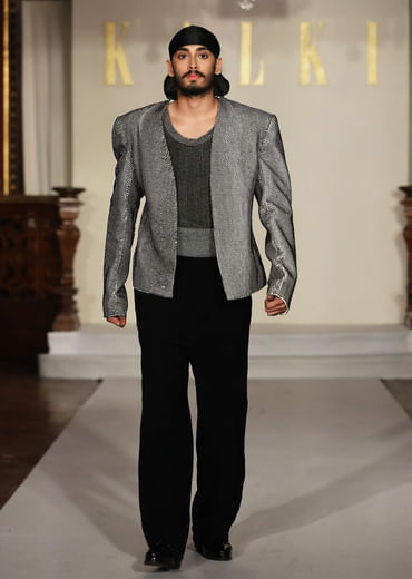 Grey Indo Western Suit For Men With Embroidered Blazer