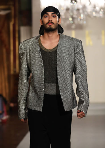 Grey Indo Western Suit For Men With Embroidered Blazer