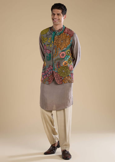 Grey Kalamkari Mens Jacket Kurta and Pant Set