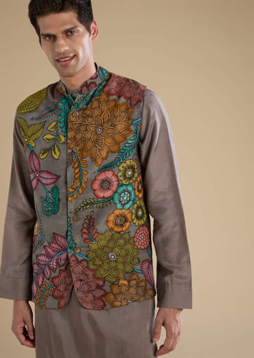 Grey Kalamkari Mens Jacket Kurta and Pant Set