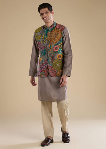 Grey Kalamkari Mens Jacket Kurta and Pant Set