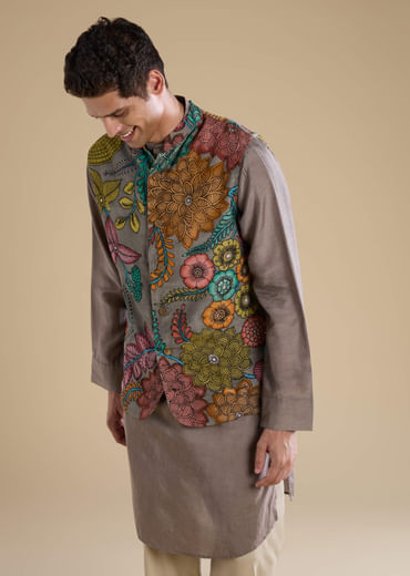 Grey Kalamkari Mens Jacket Kurta and Pant Set
