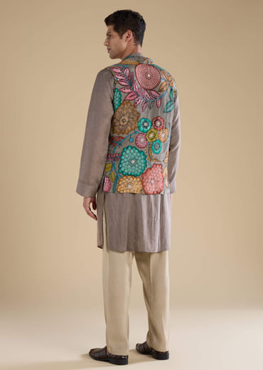 Grey Kalamkari Mens Jacket Kurta and Pant Set