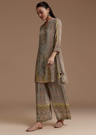 Grey Kurta Pant Set with Floral Print