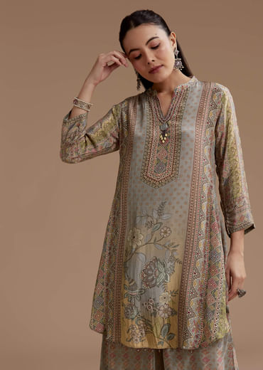 Grey Kurta Pant Set with Floral Print