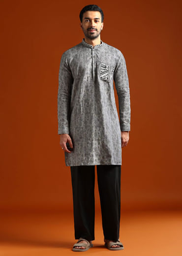 Grey Kurta Set For Men With Resham Embroidery