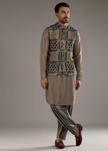 Grey Linen Kurta Jacket Set For Men With Hand Block Ajrakh Print Grey Linen Kurta Jacket Set For Men With Hand Block Ajrakh Print