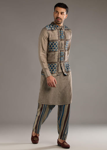 Grey Linen Kurta Jacket Set For Men With Hand Block Ajrakh Print Grey Linen Kurta Jacket Set For Men With Hand Block Ajrakh Print