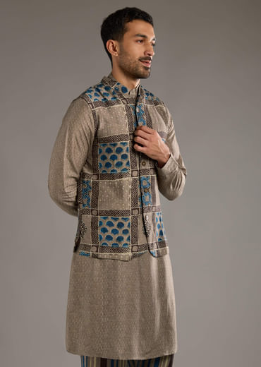 Grey Linen Kurta Jacket Set For Men With Hand Block Ajrakh Print Grey Linen Kurta Jacket Set For Men With Hand Block Ajrakh Print