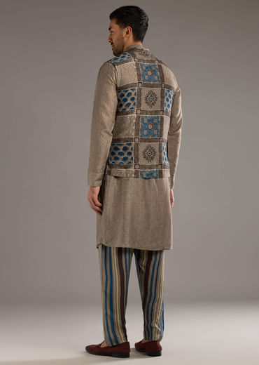 Grey Linen Kurta Jacket Set For Men With Hand Block Ajrakh Print Grey Linen Kurta Jacket Set For Men With Hand Block Ajrakh Print