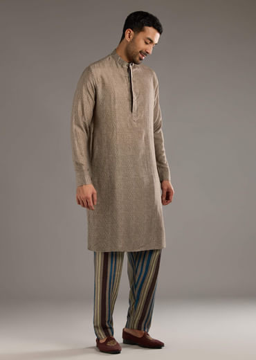 Grey Linen Kurta Jacket Set For Men With Hand Block Ajrakh Print Grey Linen Kurta Jacket Set For Men With Hand Block Ajrakh Print