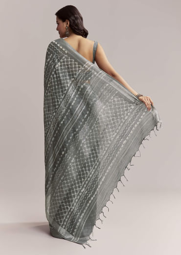 Grey Linen Printed Saree With Authentic Ajrakh Geometric Print