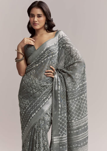 Grey Linen Printed Saree With Authentic Ajrakh Geometric Print
