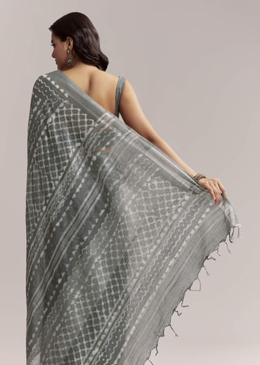 Grey Linen Printed Saree With Authentic Ajrakh Geometric Print