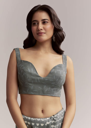 Grey Linen Printed Saree With Authentic Ajrakh Geometric Print