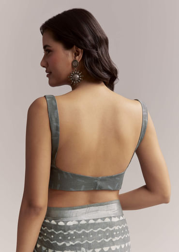 Grey Linen Printed Saree With Authentic Ajrakh Geometric Print