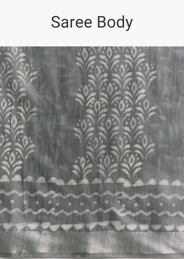 Grey Linen Printed Saree With Authentic Ajrakh Geometric Print