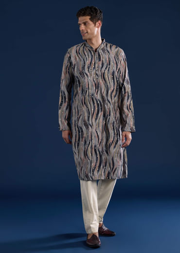 Grey Moti Embroidered Mens Kurta and Pant Set