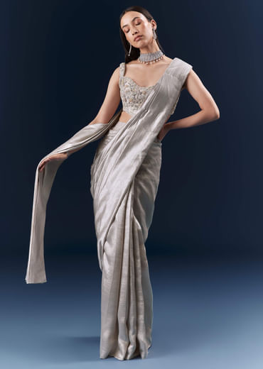 Grey Net Ready Pleated Saree With Embroidery Grey Net Ready Pleated Saree With Embroidery