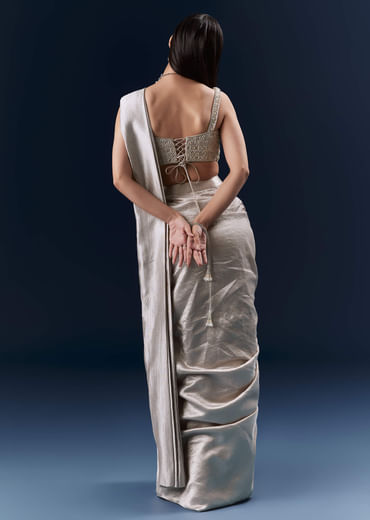 Grey Net Ready Pleated Saree With Embroidery Grey Net Ready Pleated Saree With Embroidery