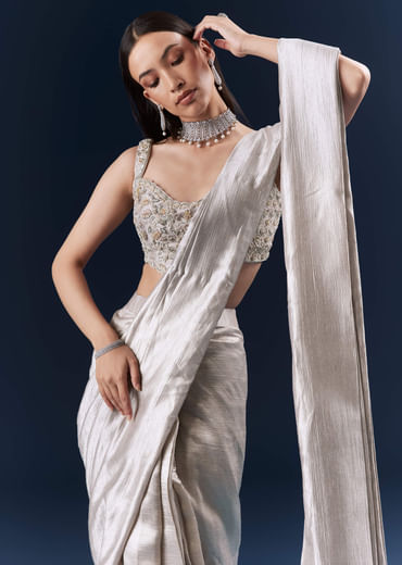 Grey Net Ready Pleated Saree With Embroidery Grey Net Ready Pleated Saree With Embroidery