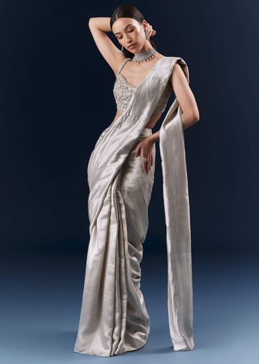 Grey Net Ready Pleated Saree With Embroidery Grey Net Ready Pleated Saree With Embroidery