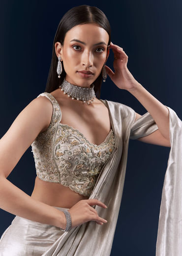 Grey Net Ready Pleated Saree With Embroidery Grey Net Ready Pleated Saree With Embroidery