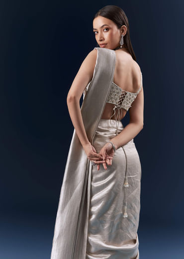 Grey Net Ready Pleated Saree With Embroidery Grey Net Ready Pleated Saree With Embroidery