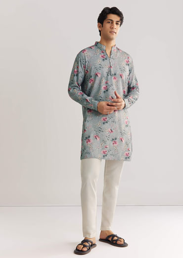 Grey Pashmina Zipper Kurta Set With Floral Prints