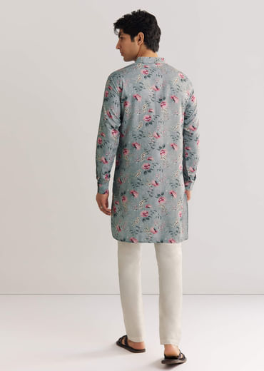Grey Pashmina Zipper Kurta Set With Floral Prints