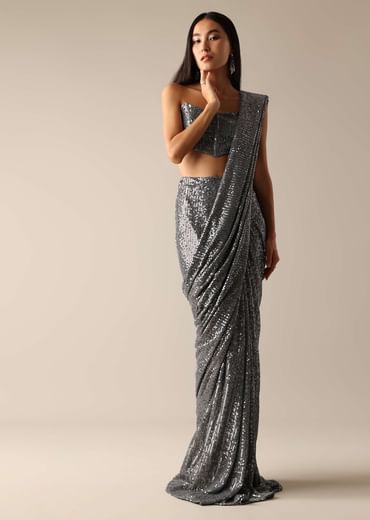 Grey Pleated Saree with A Corset Off-Shoulder Blouse