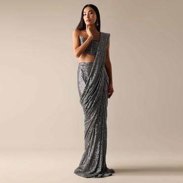 Grey Pleated Saree with A Corset Off-Shoulder Blouse