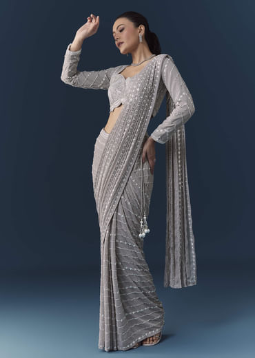 Grey Ready Pre Pleated Saree with Resham Blouse