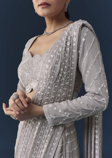 Grey Ready Pre Pleated Saree with Resham Blouse