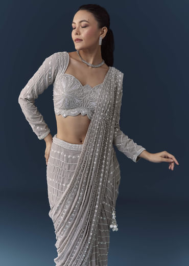 Grey Ready Pre Pleated Saree with Resham Blouse