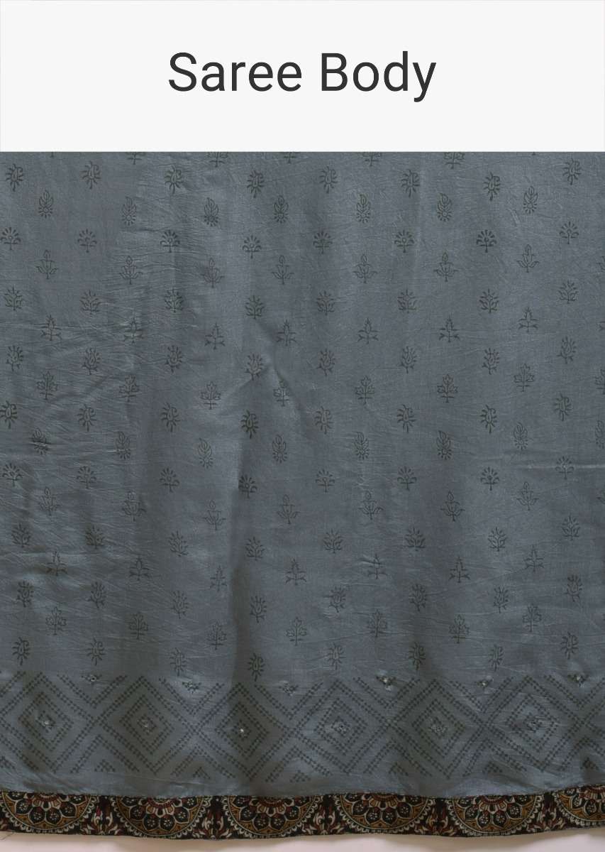 Grey Saree In Cotton With Multi Color Block Printed Applique On The Pallu And Self Printed Buttis Online - Kalki Fashion