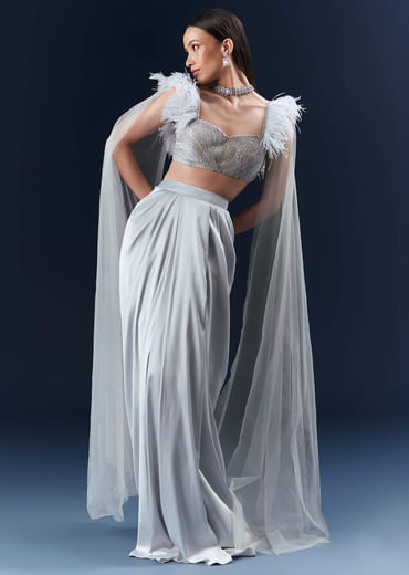 Grey Satin Crop Top And Skirt Set With Hand Embroidery