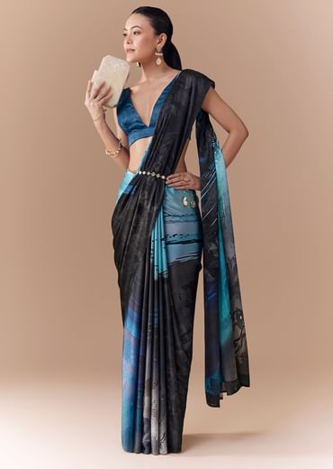 Grey Shaded Printed Satin Saree with Blouse Fabric