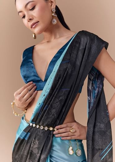 Grey Shaded Printed Satin Saree with Blouse Fabric