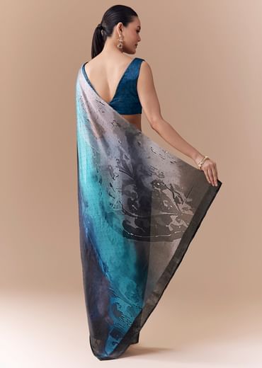 Grey Shaded Printed Satin Saree with Blouse Fabric