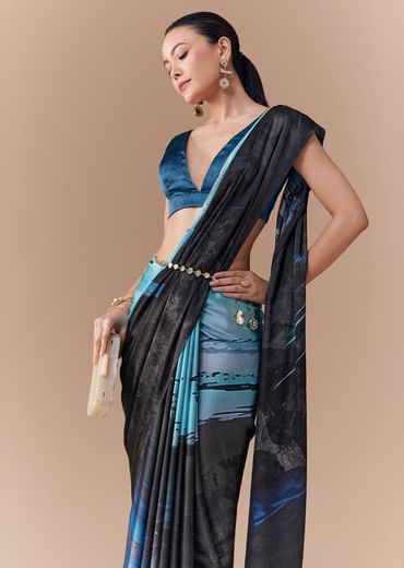 Grey Shaded Printed Satin Saree with Blouse Fabric