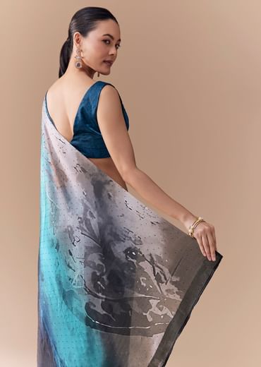 Grey Shaded Printed Satin Saree with Blouse Fabric