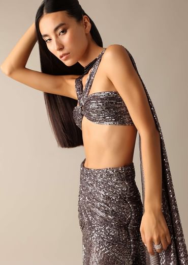 Grey Shimmer Tube Top with Fishcut Ruched Skirt
