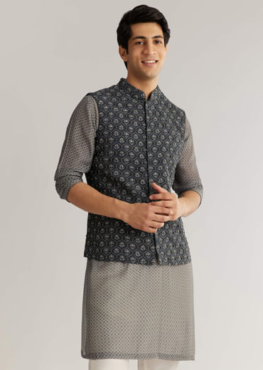 Grey Silk Cutdana Sequins Kurta Jacket Set