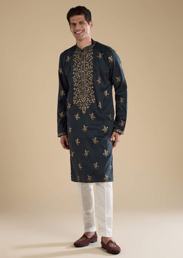 Grey Silk Embellished Mens Kurta and Pant Set