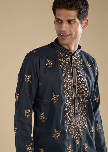 Grey Silk Embellished Mens Kurta and Pant Set