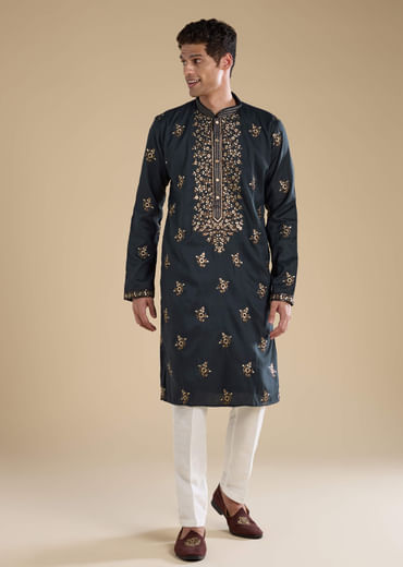 Grey Silk Embellished Mens Kurta and Pant Set