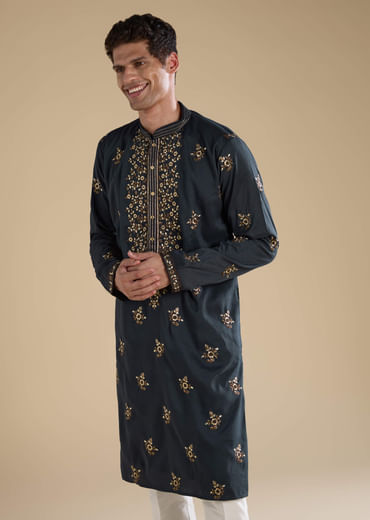 Grey Silk Embellished Mens Kurta and Pant Set