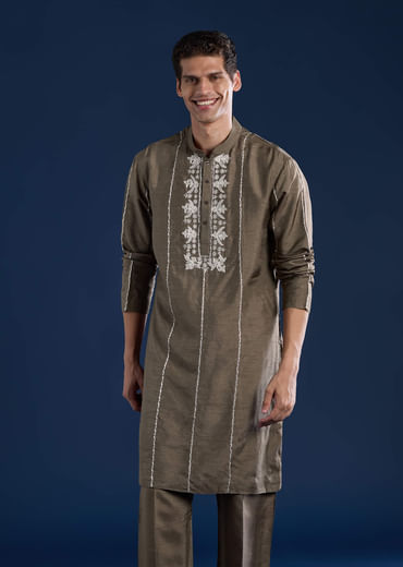 Grey Silk Jacket Kurta Set with Zari Work